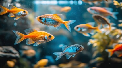 Fototapeta premium Vibrant aquarium fish in a planted tank. Colorful fish, active and healthy, swimming among aquatic plants