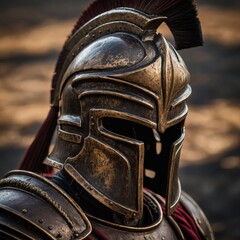 A Spartan warrior’s helmet with a bronze finish.