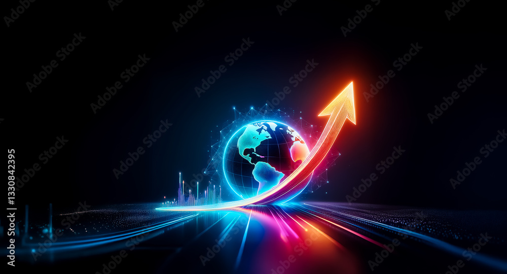 Wall mural a glowing globe with an upward arrow symbolizes global growth and progress in a vibrant neon style a