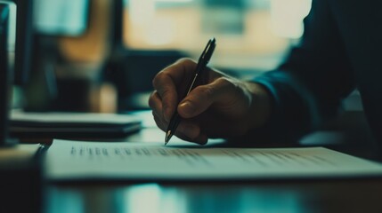Close Up of a Hand Writing on a Document with a Pen at a Modern Office Desk