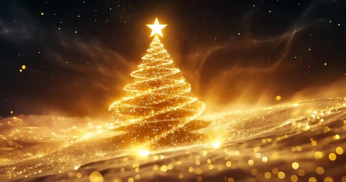 Glowing Golden Christmas Tree in a Sparkling Night Scene
