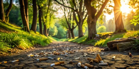 Sunlit Pathway littered with discarded cigarette butts in a serene wooded area.  A cautionary scene highlighting environmental pollution and irresponsible behavior.