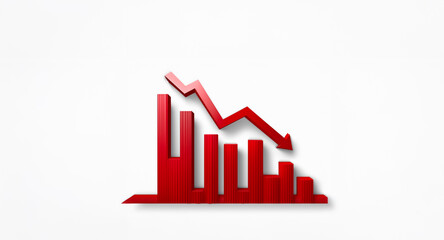 Red bar chart with a prominent downward arrow signifies a negative trend.  This visual element represents decline, loss, or a decrease in value, set against a clean white backdrop.