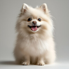 Obraz premium Adorable White Fluffy Pomeranian Dog Portrait: Happy and Playful Pet Photography Studio Shot