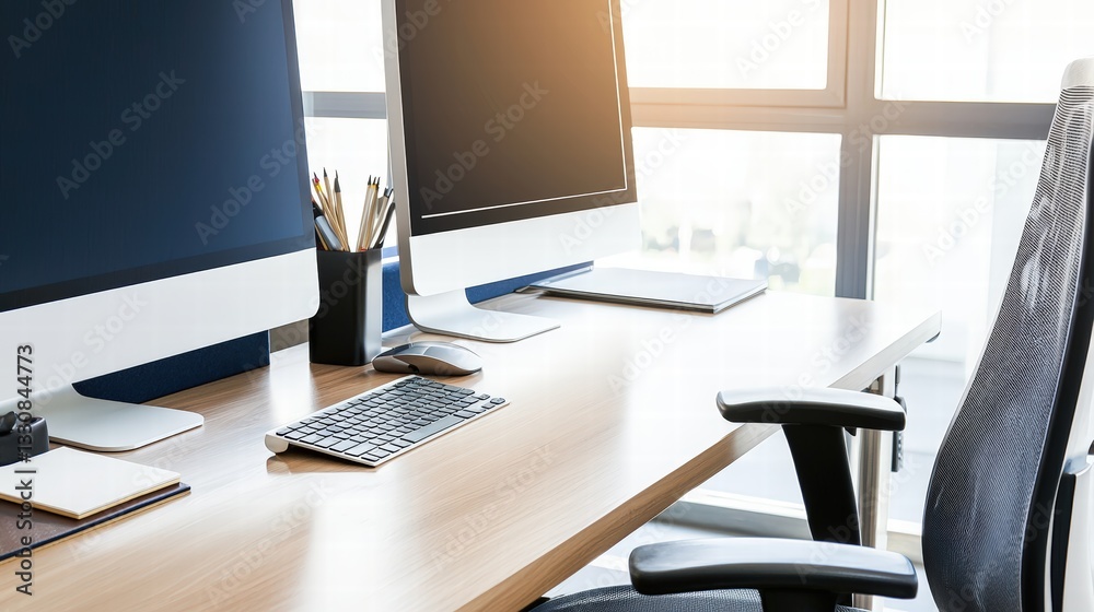Poster modern workspace featuring a sleek desk with a computer and keyboard for efficient productivity