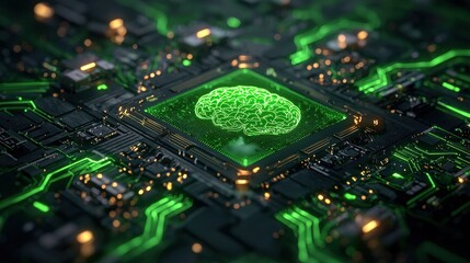 Obraz premium Glowing Green Brain Shaped Microchip on Futuristic Digital Circuit Board Background Conceptual of Intelligence Neural Networks and Advanced Technology