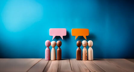 Wooden figures in two groups, each with a speech bubble above their heads, are set against a blue wall and wooden floor.  Depicts communication or dialogue.