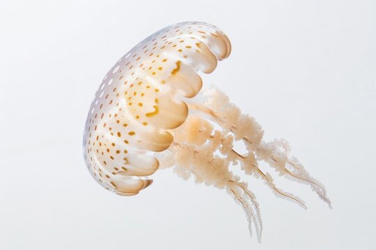The jellyfish&rsquo;s delicate, clear bell and long, swirling tentacles are magnified in a stunning close-up against the stark white backdrop.