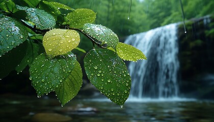 Raindrops on Leaves for Waterfall Backdrop.