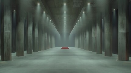 Long, dimly lit corridor with concrete pillars, a red carpet, and spotlights.