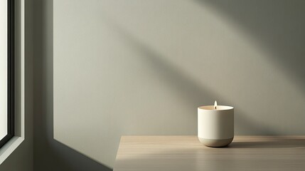 Lit candle on wooden table near window, sunlight casts shadows on wall.