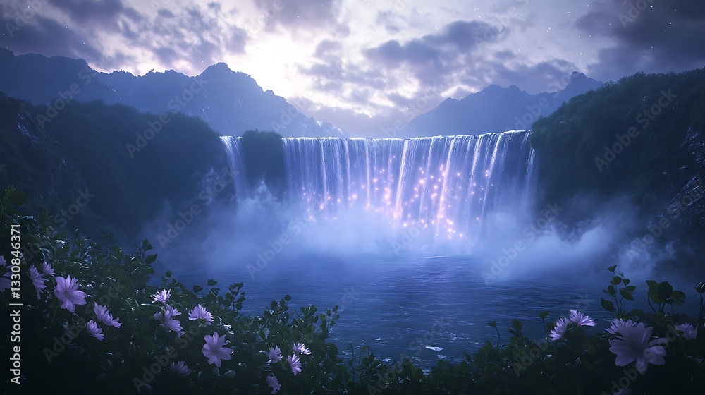Poster serene waterfall cascading into a misty lake surrounded by mountains and flowers at twilight.
