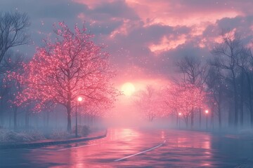Naklejka premium Serene sunset over a misty road lined with blooming cherry blossom trees, creating a dreamy and tranquil atmosphere.