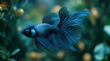 Vibrant blue betta fish swimming gracefully in a lush aquarium setting.  A striking display of vibrant aquatic life