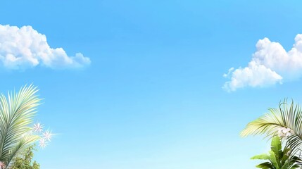 Obraz premium Tranquil Tropical Paradise with Lush Foliage and Blue Sky in a Serene Landscape Scene