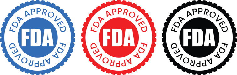 vector set of FDA (Food And Drug Administration)  Approved Seal Badges in Red, Blue, and Black Colors