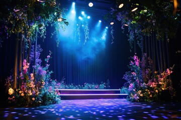 A beautifully decorated performance stage filled with vibrant floral arrangements