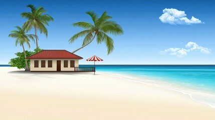 Fototapeta premium Serene Tropical Beach House with Palm Trees and Bright Blue Ocean Under Clear Sky