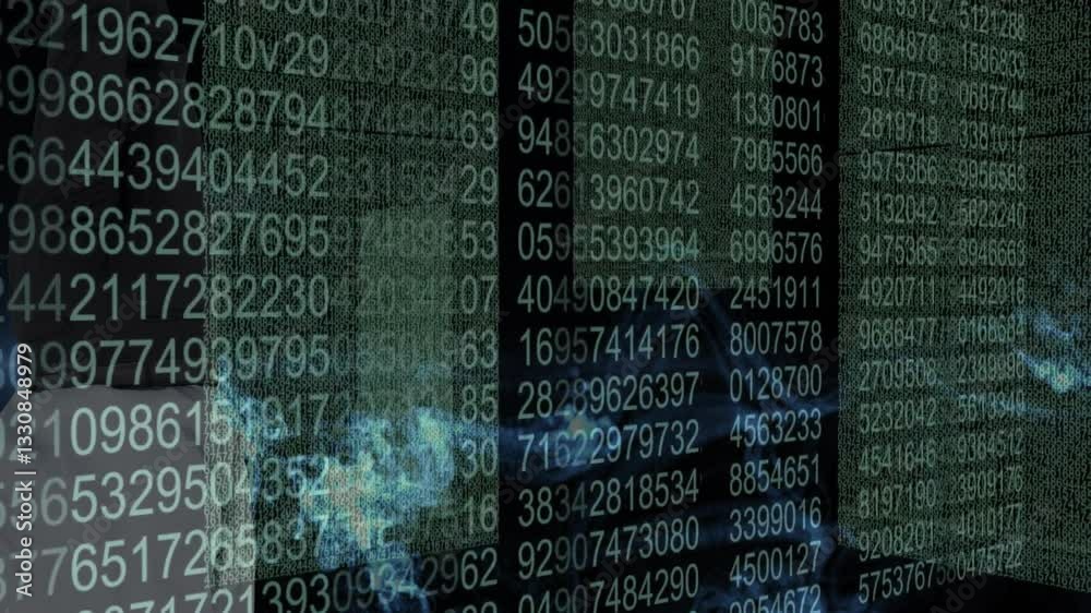 Poster digital numbers and data processing animation over abstract blue shapes