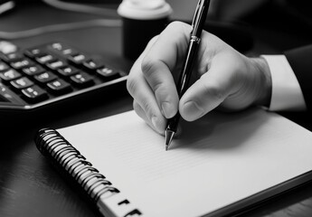 Closeup of a Man's Hand Writing in a Spiral Notebook at a Desk