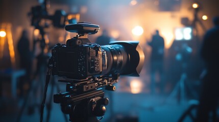 Professional Camera Setup in a Dynamic Lighting Studio Environment During Media Production