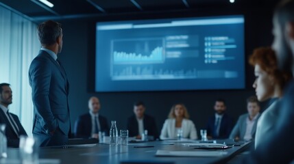 Professional Business Meeting with Leader Presenting Data Visualization to Engaged Audience