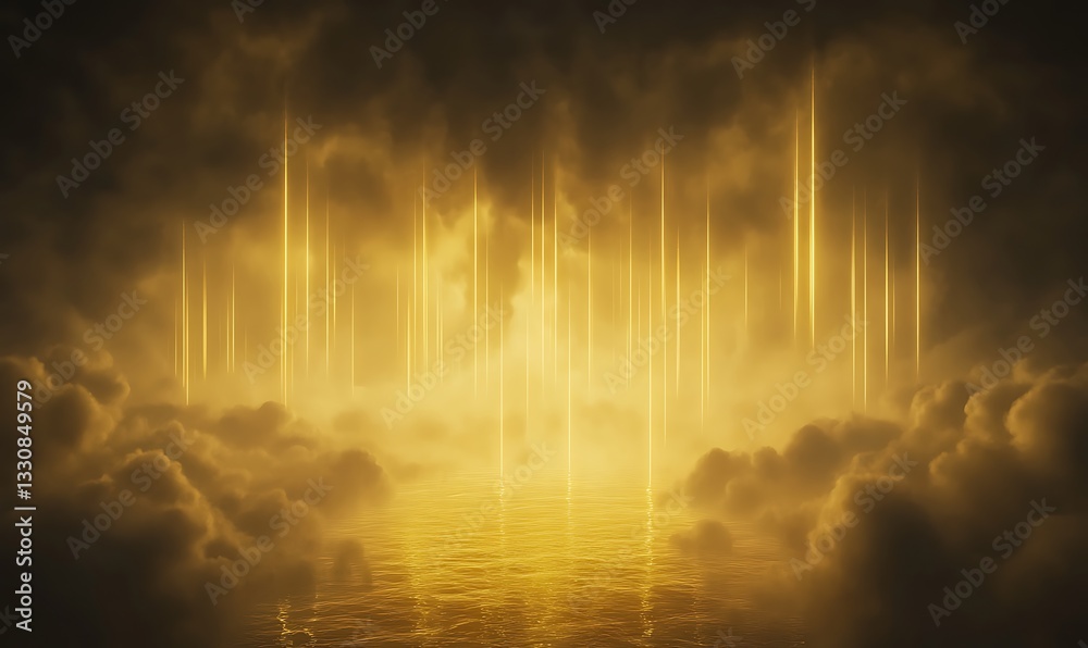 Poster ethereal golden light beams emerging from clouds over a reflective surface.