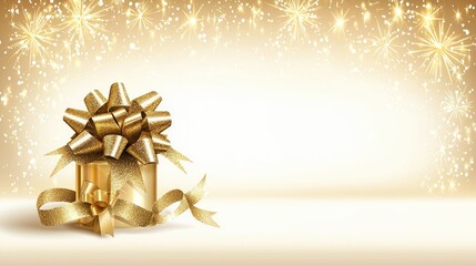 Golden Gift Box with Shiny Bow Against Sparkling Background for Celebrations and Events