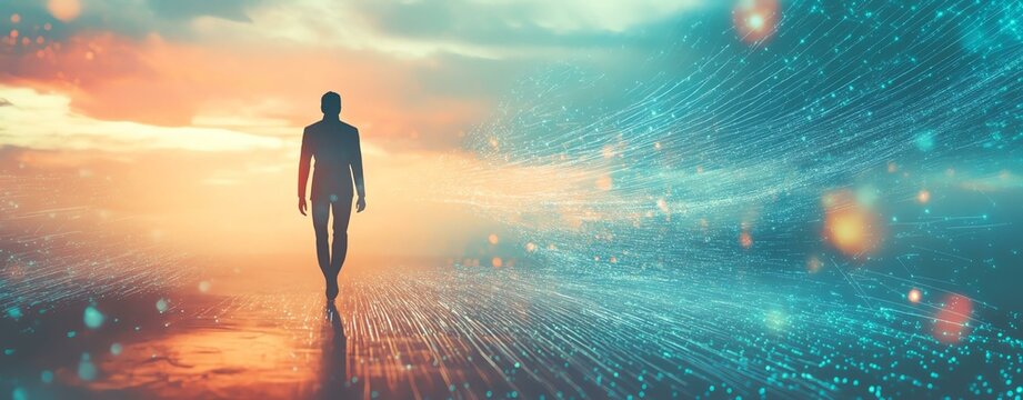 A figure walks towards a vibrant horizon, embodying ambition and a journey towards the unknown.