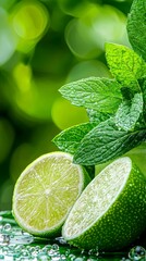 Closeup of Halved Limes and Fresh Mint Leaves on Green Background