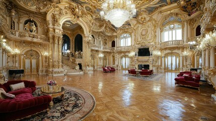 Obraz premium Opulent interior of a luxurious palace ballroom with ornate decorations and elegant furnishings