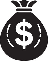 black money bag with dollar vector illustration, money bag icon, money bag silhouette vector black and white