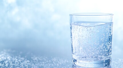 A glass of sparkling water with bubbles, set against a soft blue background.