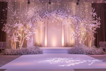 A beautiful and ornate stage set with floral arrangements displayed