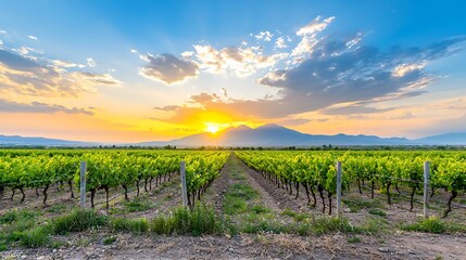 Fototapeta premium Golden Sunset Over Lush Vineyard Landscape with Mountains and Scenic Skies in the Background