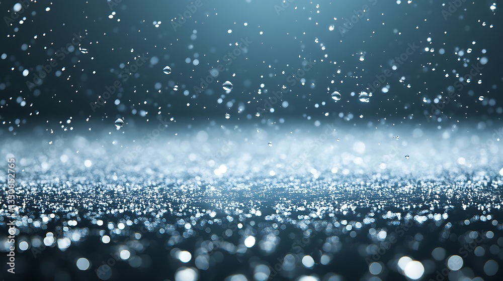Poster glittering raindrops fall softly, creating a serene and magical atmosphere.
