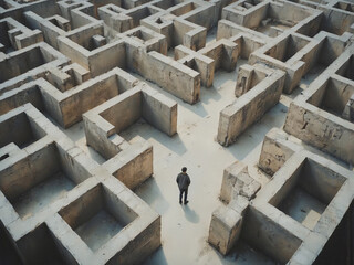 迷宮に迷い込み途方に暮れる男性の後ろ姿  Back view of a man lost in a labyrinth and at a loss.