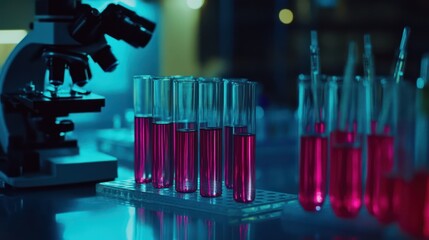 Pink liquid in test tubes, lab equipment, microscope