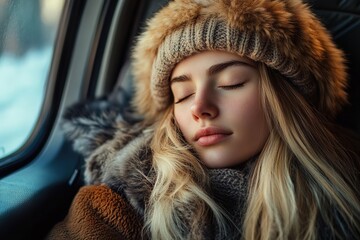 Beautiful blonde woman with closed eyes and long hair, wearing a winter jacket, sleeping on the car seat. A portrait of a beautiful young female passenger relaxing while traveling by train.