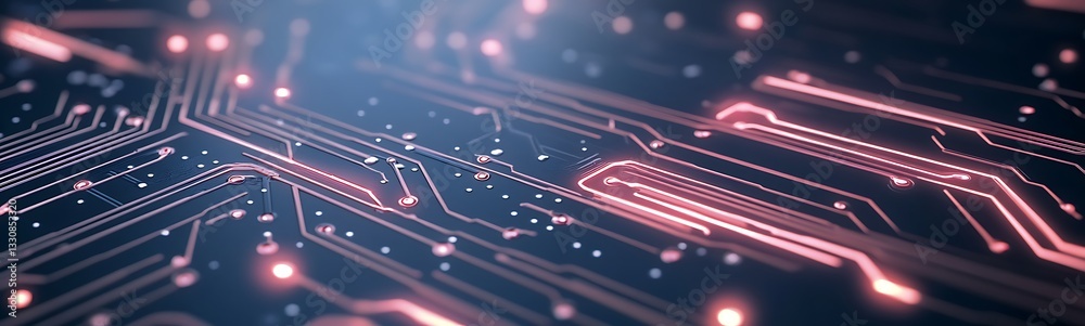 Poster Futuristic circuit board with glowing lines and digital patterns.