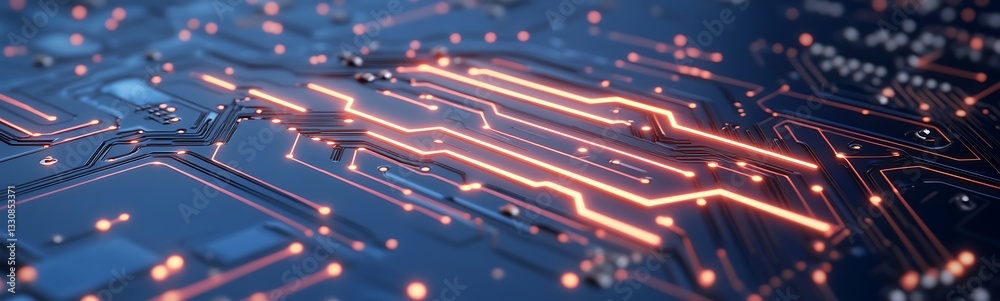 Poster Close-up of a digital circuit board with glowing lines and intricate patterns.