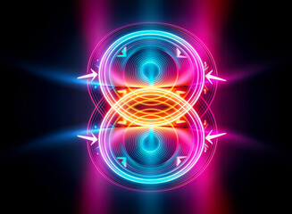 Abstract glowing neon circles in vibrant blue, orange, and pink colors create a futuristic and energetic design against a dark background.