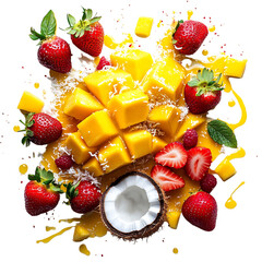 Mango Strawberry Coconut Scattering Isolated on Transparent Background