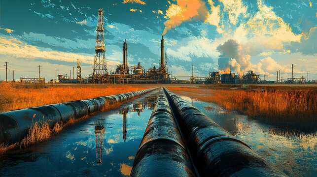 Oil refinery with pipelines in a marshy industrial landscape setting