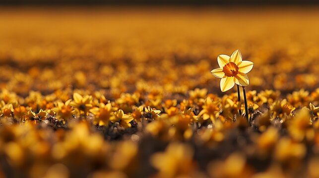 Single Yellow Daffodil in Golden Field Spring Bloom day plant macro image light color