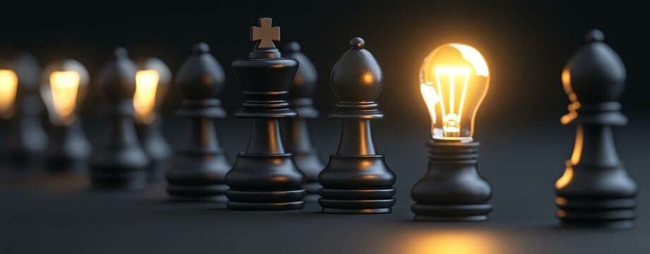 A creative chess setup featuring a glowing light bulb instead of a king piece, symbolizing innovation in strategy.