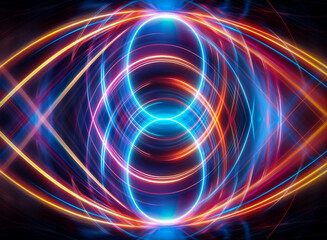 Obraz premium Abstract eye-like shape created from luminous light trails, showcasing a vibrant blend of blue, orange, and red colors. Dynamic and visually striking.