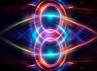Abstract art featuring vibrant, glowing rings interweaving with dynamic light effects.  The design evokes a sense of energy and futuristic technology with its bright, colorful and luminous composition