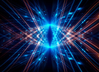 Naklejka premium Futuristic abstract background featuring converging blue and orange glowing lines creating a central bright point. A dynamic and energetic visual with depth and perspective.