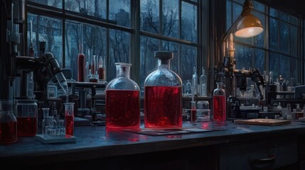 Crimson lab experiment, stormy night view